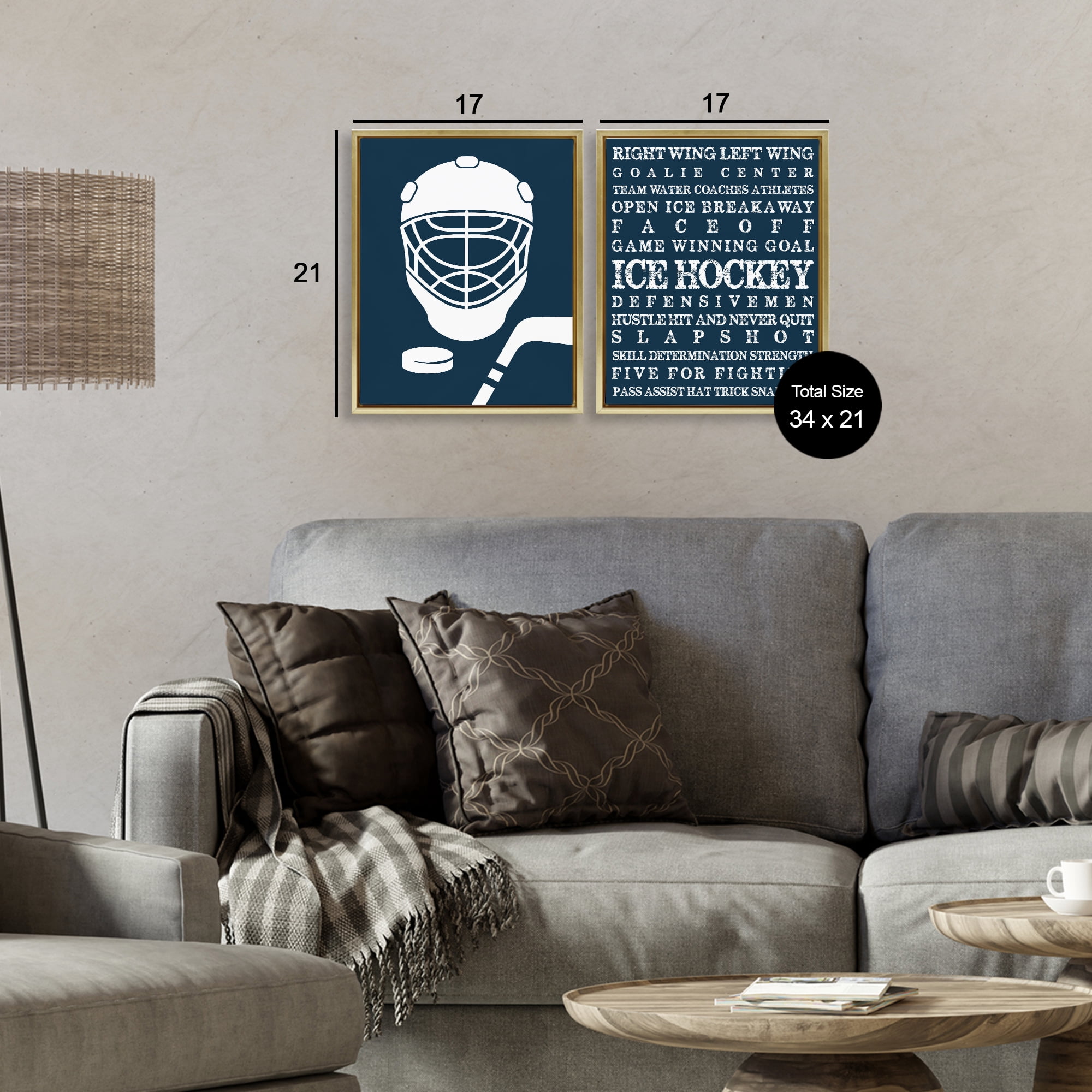 Stupell Industries Hockey Equipment & Phrases 2 Piece Gold Framed Floater Canvas Set, design by Melody Hogan