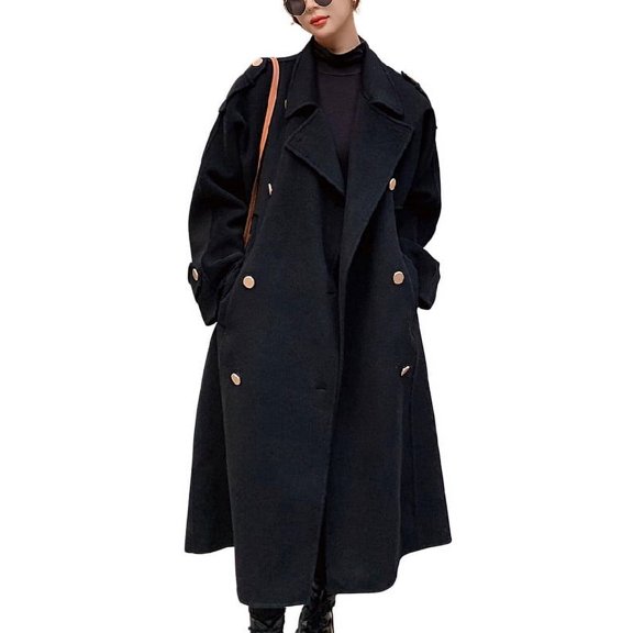 Chouyatou Women's Winter Double Breasted Midi Long Wool Pea Coat Notch Lapel Winter Trench Coat
