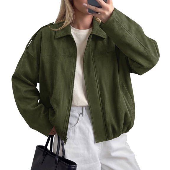PRETTYGARDEN Women's Faux Suede Cropped Bomber Jacket | Long Sleeve Zip Up Casual Going Out Jackets Coat, Oversized Loose Fit Western Outfits, Trendy Outerwear, Fall Clothes