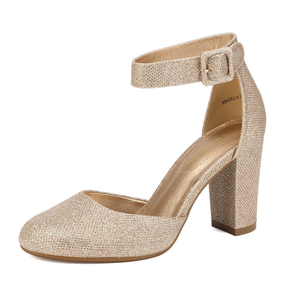Dream Pairs Women's Ankle Strap Close Toe Chunky High Heel Pump Dress Shoes Angela Gold/Glitter Size 5