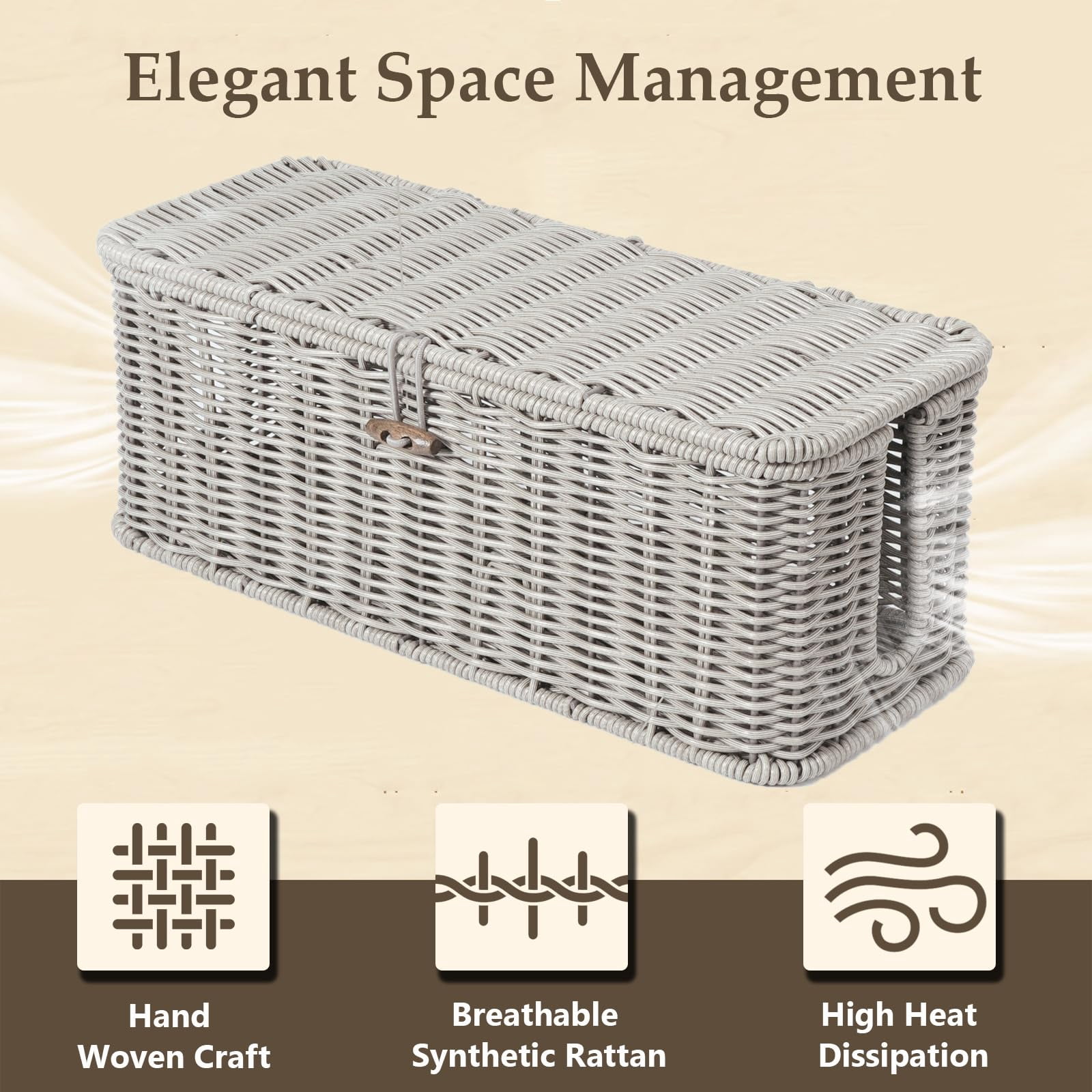 Cable Management Box  Rattan Style Cord Organizer For Desk Hider Outlet Covers Proofing Power Strip Tv Pc Router Under Storage With Lockable Lid And Ties