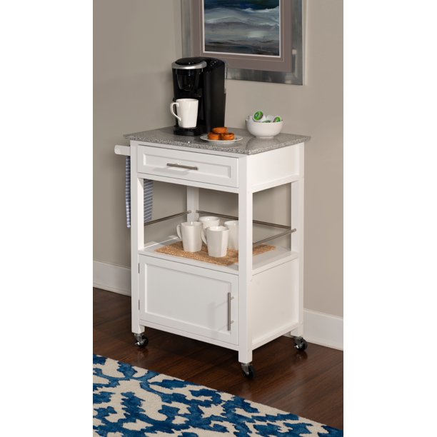 Linon Mobile Kitchen Cart, White Finish with Granite Top
