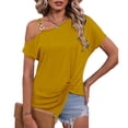 thumbnail image 1 of Mujer Solo Hombro Frío Dobladillo Superior Plisado Color Puro Ajuste Suelto Verano Casual Camiseta Amarillo M, 1 of 6