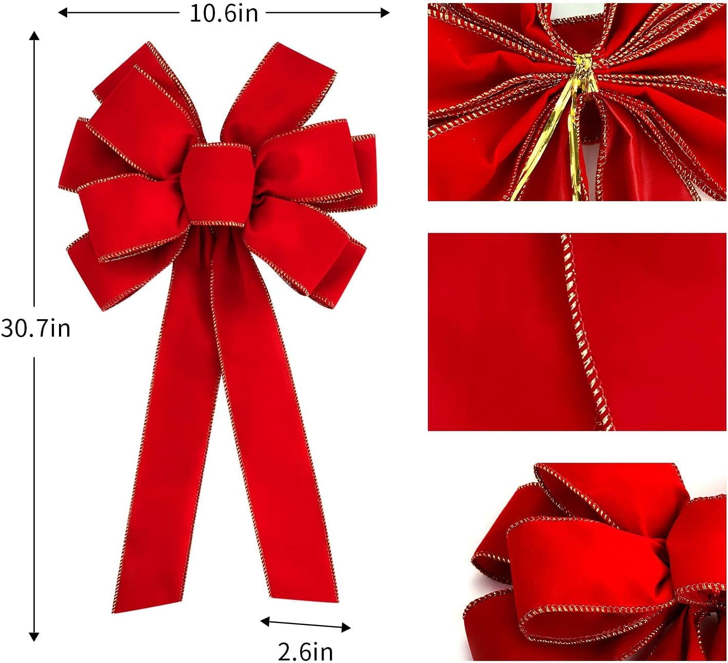 8 Pcs Large Christmas Bow-30.7" x 10.6" Christmas Golden Edged Red Velvet Bow-Christmas Tree Topper Ornament Bow for Christmas Home Wreath Decoration