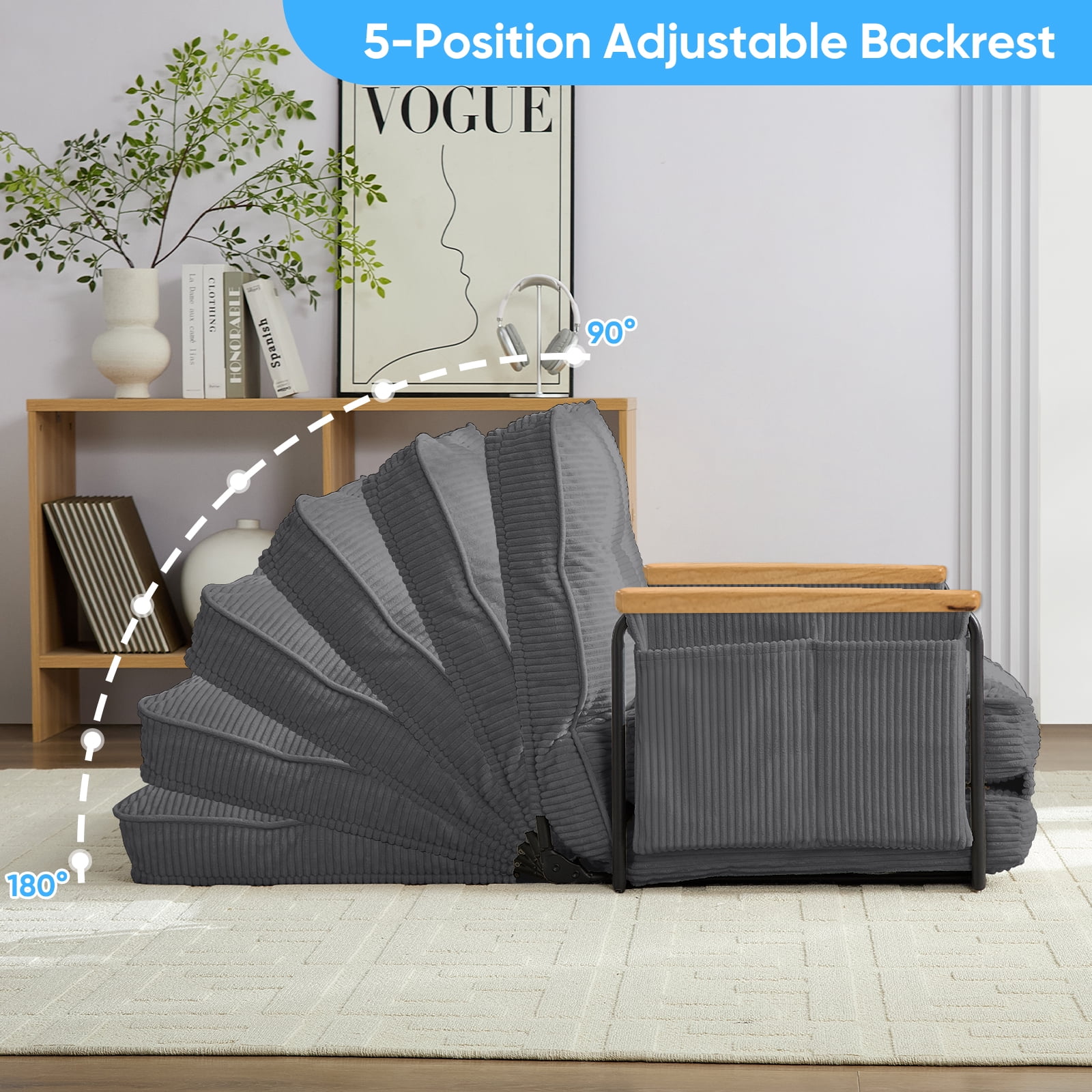 BALUS Futon Sofa Bed, 4-in-1 Corduroy Floor Couch Bed with Folding Mattress, Convertible Sleeper Sofa for Living Room, Grey