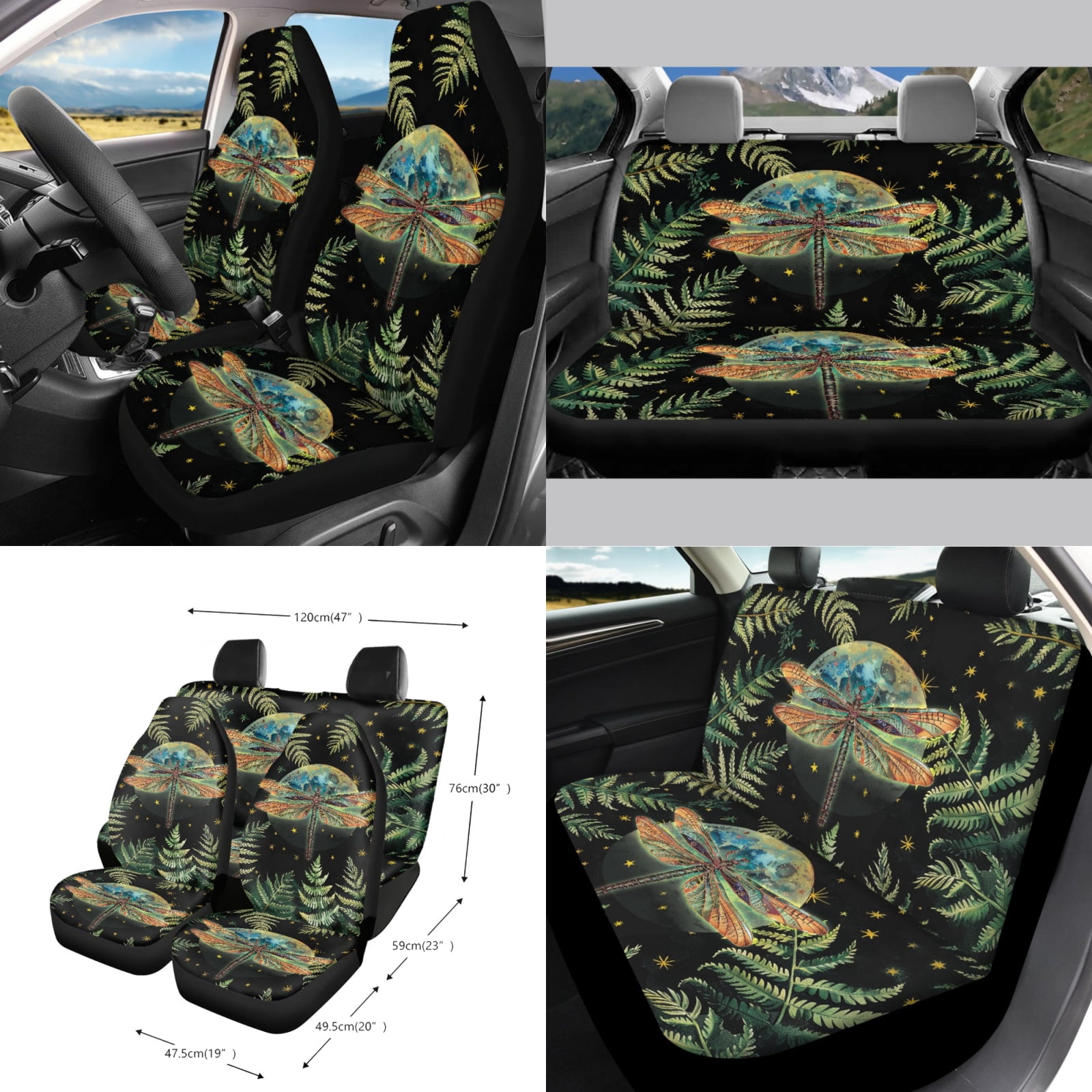 Garronmavis Aesthetic Dragonfly 15 PCS Car Seat Cover Full Set 4 Pieces Car Seat Covers Steering Wheel Cover Keychain Car Trash Can Car Dash Accessories Rearview Mirror Cover Car Coasters