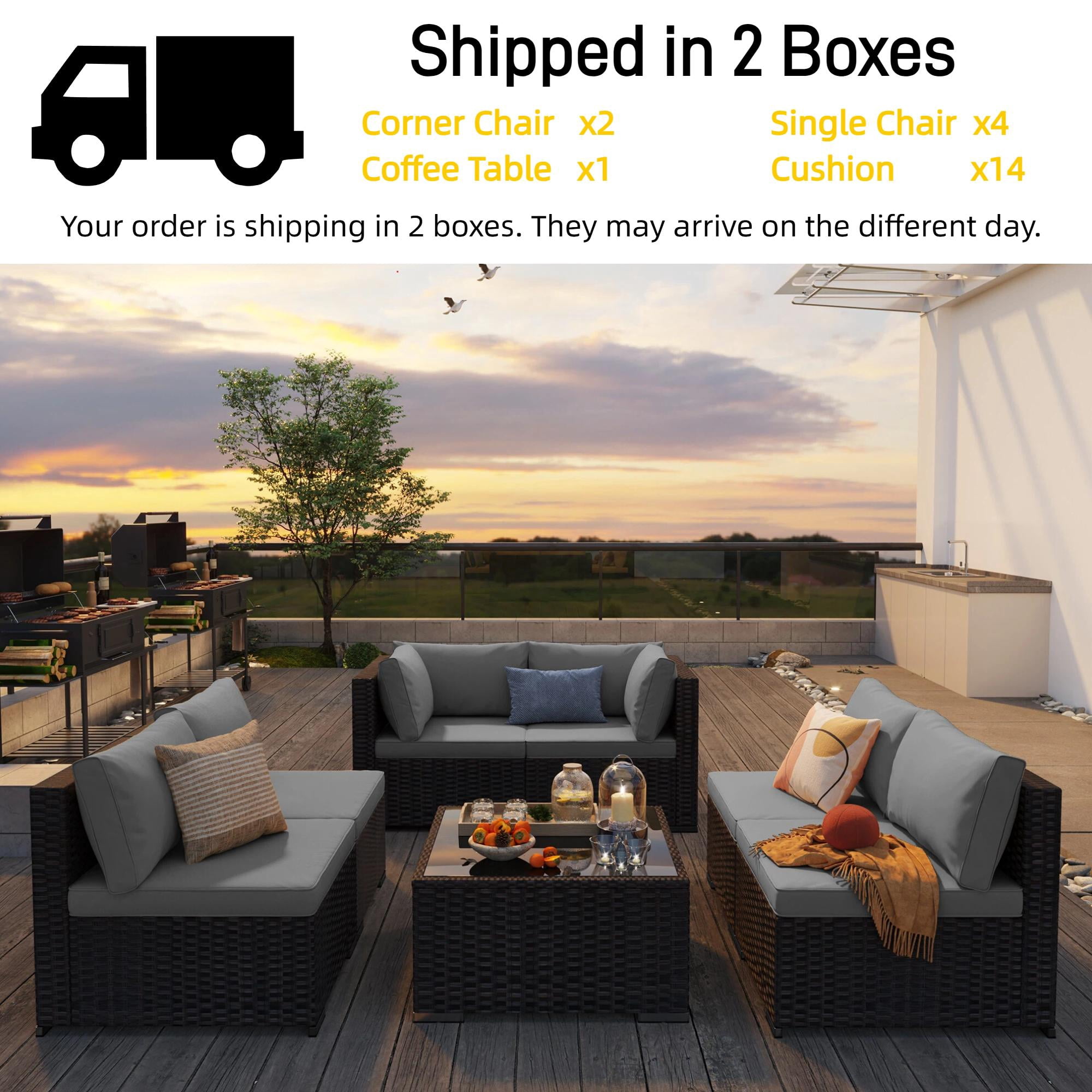 Patio Furniture Set, 7 Pieces Outdoor Conversation Set with Rattan Sectional Sofa, Glass Bistro Coffee Table for Garden Backyard, Gray Removable Cushion