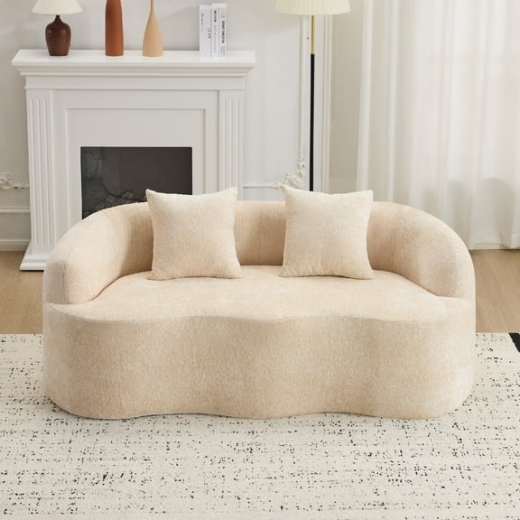 Modern Curved Loveseat Sofa with 2 Pillows, Chenille Curved Couch with Round Armrest, Compression High-Density Foam Cream Sofa Couch for Small Space, Living Room, Bedroom, Apartment, Beige