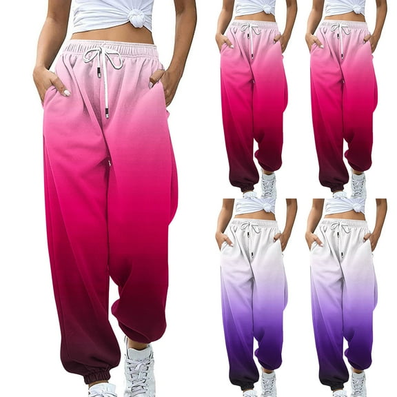 Jacenvly Sweatpants Women Bundle Foot Long Elastic Waisted Drawstring Pocket Contrast Trousers for Women Gradient Sweatpants Loose Lounge Trousers with High Waist Pants