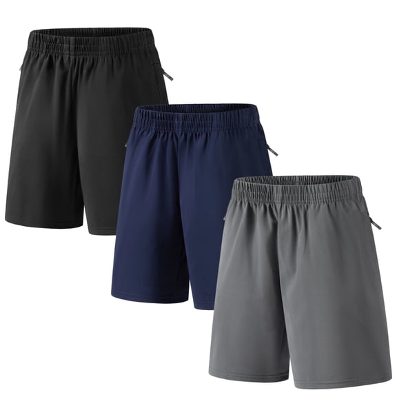 HAWEE 3 Pack Athletic Basketball Boys Shorts - with Zipper Pockets Basketball Soccer Quick Dry Teen Kids Sport Shorts Elastic Waist