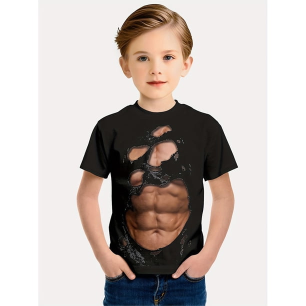 Boys' 3D Muscle Print T-Shirt - Comfy & Stylish Casual Tee for Spring/Summer/Fall, Perfect Gift Idea, Black, Digital Print, Short Sleeve