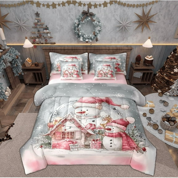 Feelyou Snowman Twin Bedding Sets 7-Piece for Kids, Christmas Cartoon Cabin Bedding Comforter Set, Western Festival Reversible Sheet Sets, Lightweight Room Decor