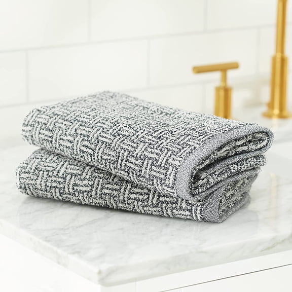 Violet Linen Hand Towels Set of 2, Brickstone Basket Weave Pattern, 100% Terry Plush 600 GSM Cotton Super Soft Highly Absorbent Jacquard Fashion Towel, 20" X 30", Rectangular, Grey, Hand Towels