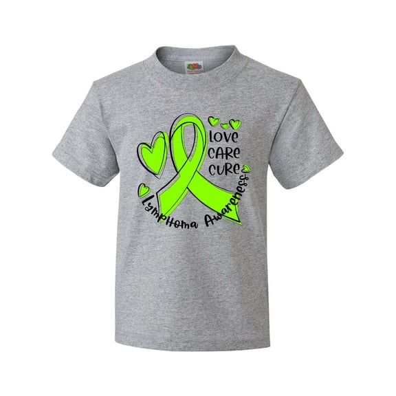 Inktastic Love, Care, Cure Lymphoma Awareness Lime Green Ribbon Hearts Youth T-Shirt