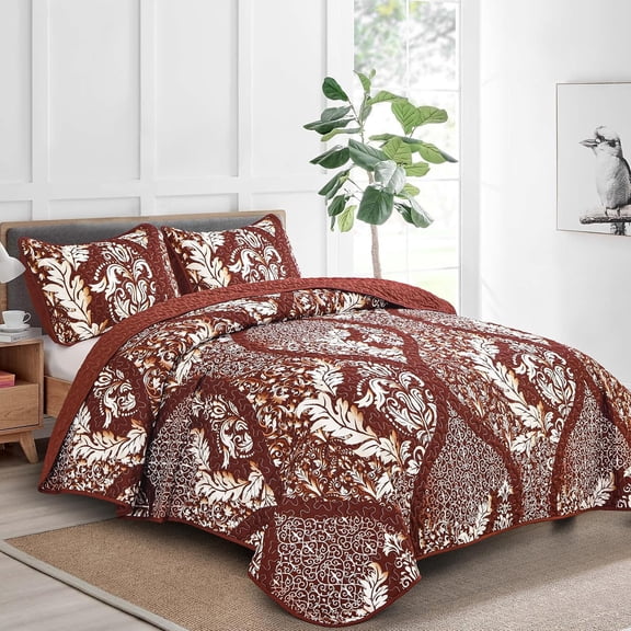 Burgundy Quilt Set Queen Size, Boho Red Gold Damask Bedspread Coverlet Set Soft Lightweight Microfiber Luxury Bedding Set 3 Pieces for All Season (96"x90")