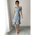 thumbnail image 4 of Dusty Blue Floral Embroidered Puff Sleeve Ruffle Hem Midi Fit & Flare Dress, 4 of 30