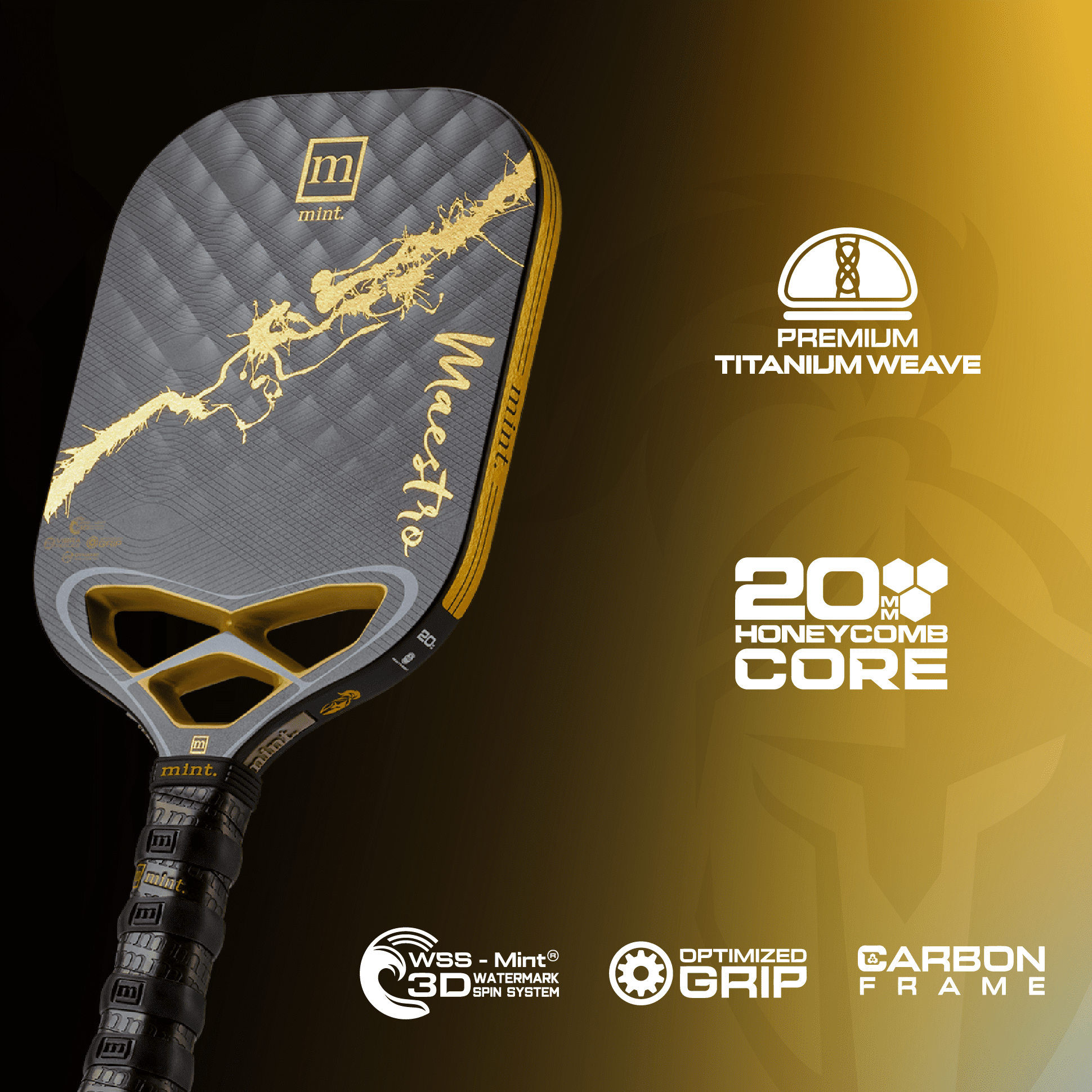 Mint Sport Maestro Pickleball Paddle, Titanium Carbon Fiber Hybrid Face, 20mm Polypropylene Core, Thermoformed Edgeless Design, USAPA Approved