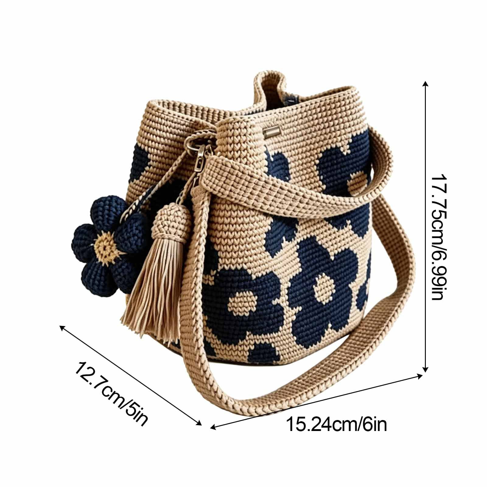 Boho Crochet Beach Bag with Cute Crochet Flower, Preppy Knit Tote Bag for Women Summer Vacation Travel, Black