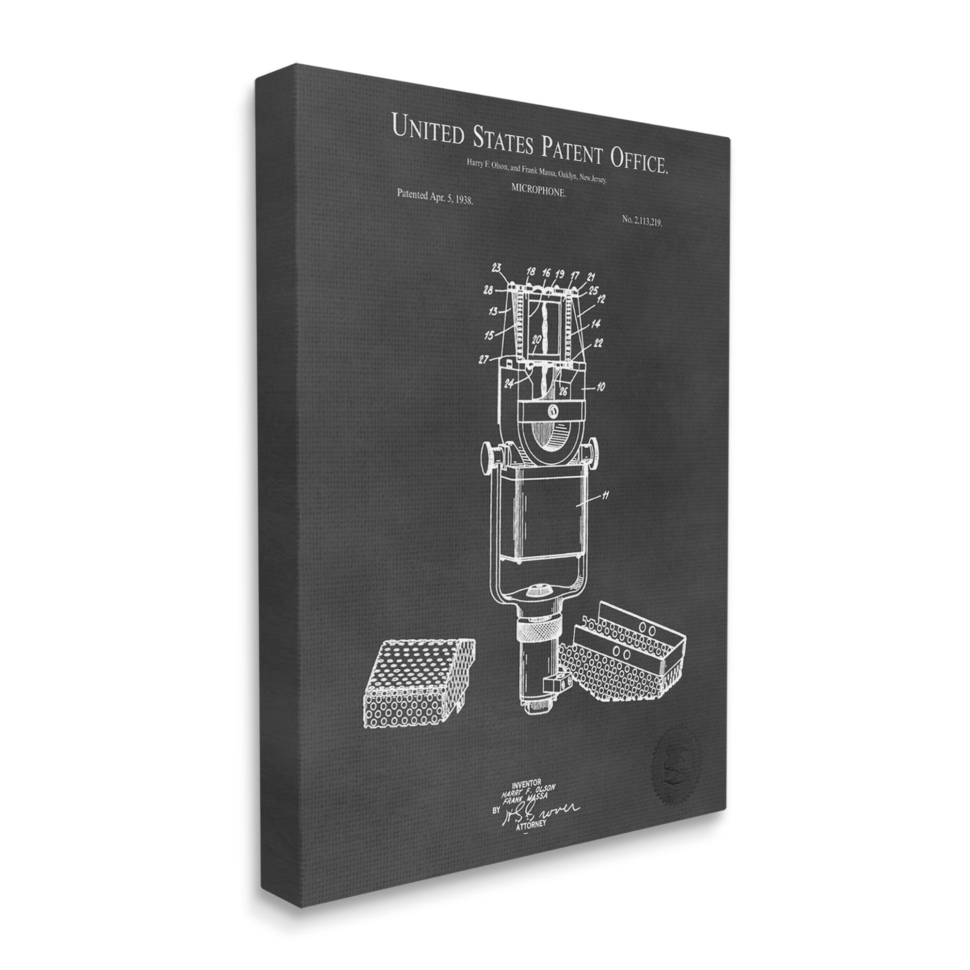 Stupell Industries Black Microphone Diagram Detailed Patent Design Canvas Wall Art, 30 x 40, Design by Karl Hronek
