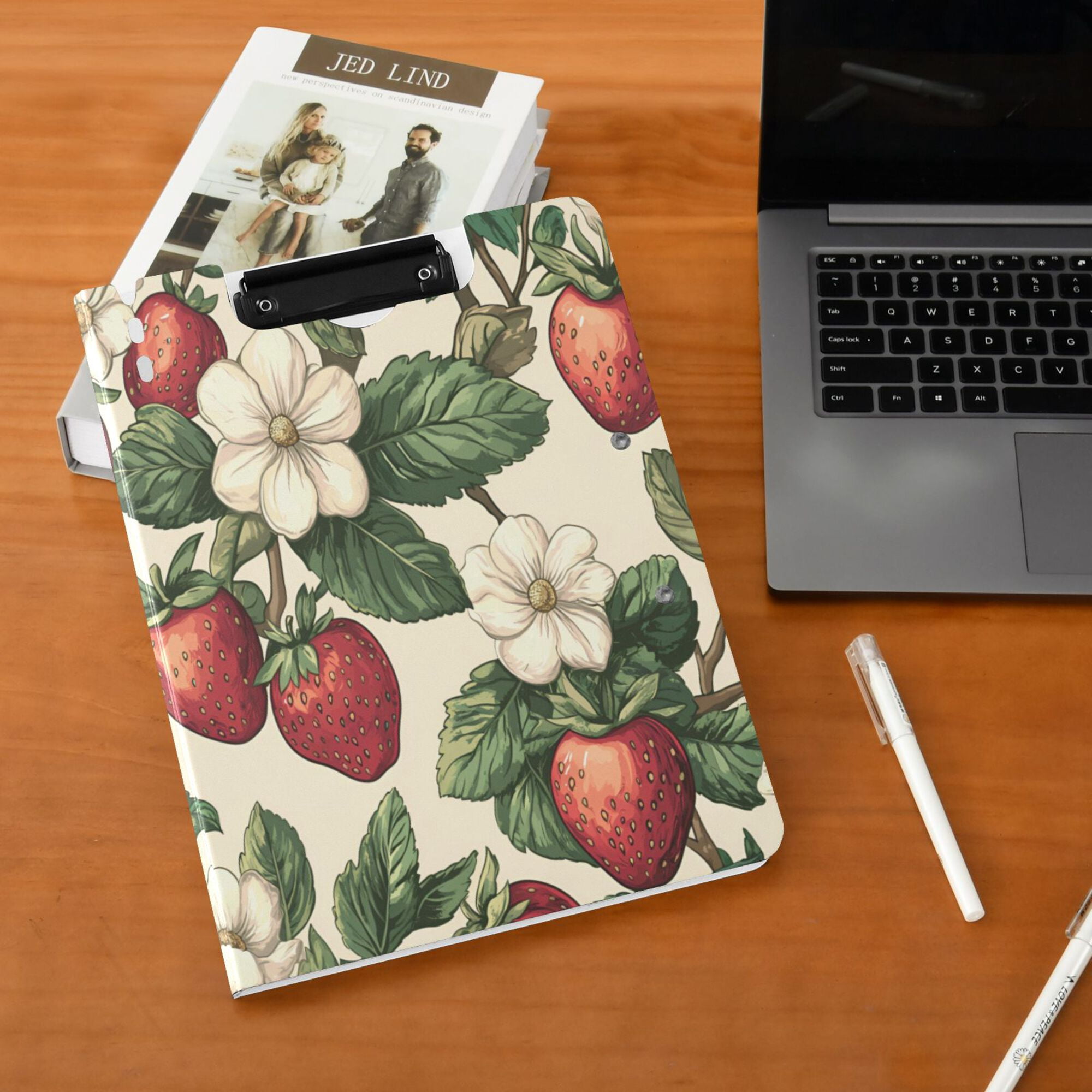FORMRS A4 Clipboard Folder with Pen Holder Horizontal Foldable School Office Binder, Beige Strawberry