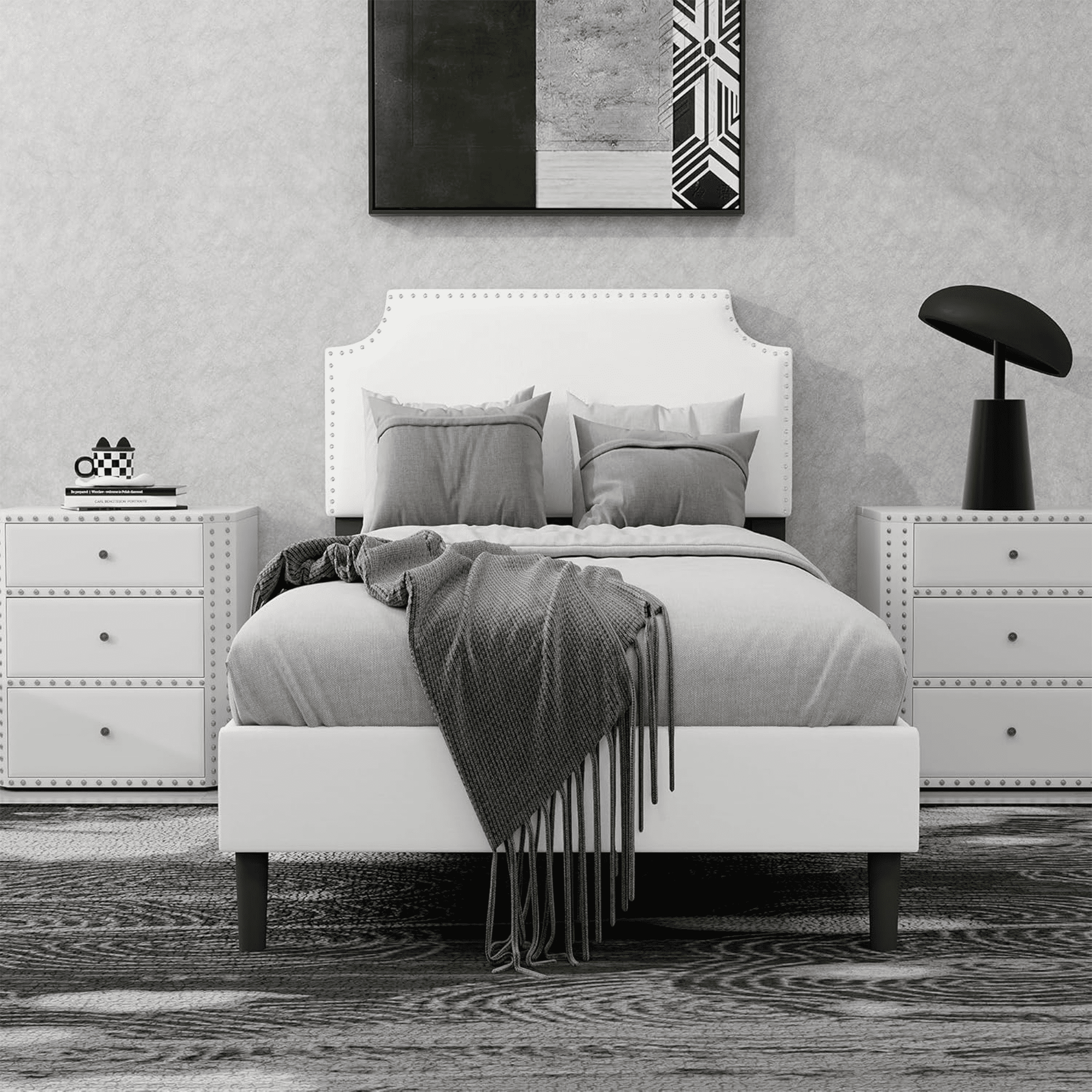 LEGAHOME Twin Size Upholstered Platform Bed, New Upgraded Twin Bed Frame with Rivet Decoration Headboard, Modern Single Bed for Kids Teens Boys Girls, No Box Spring Needed, White