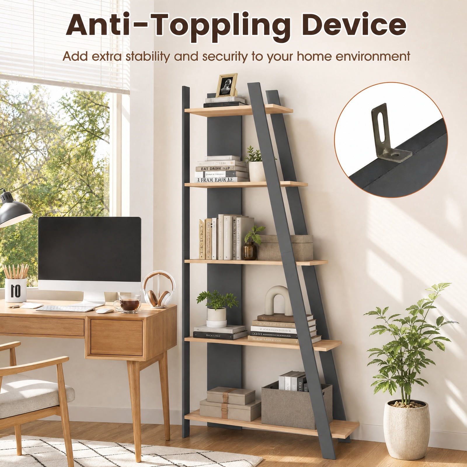 Furnibear 5-Tier Modern Bookshelf Narrow Vertical Display Shelf for Small Space for Living Room Home Office Bedroom Display Storage Shelf, Gray