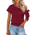 thumbnail image 2 of Miluxas Women's Trendy One Shoulder Blouse - Eyelet Lock Knit Short Sleeve Top with Bow Tie Smocked Hem Solid Tunic Shirts Summer Beach Outfits Wine, 2 of 9