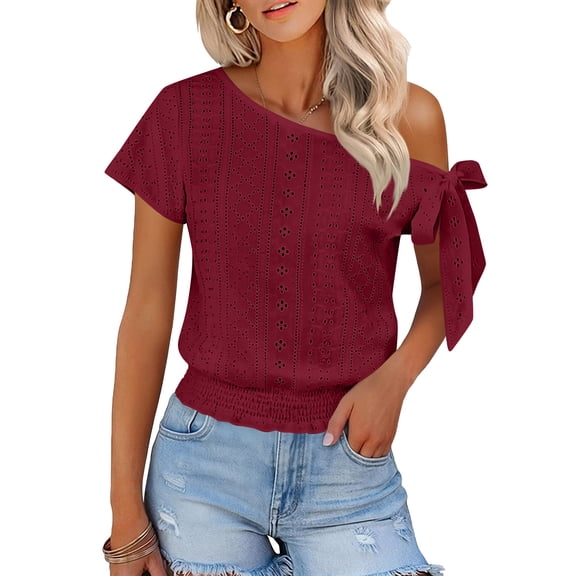 RRMuAzgs Crochet Knit Top for Women Ruffle Solid Color Off the Shoulder Blouses Summer Beach Vacation Clothes
