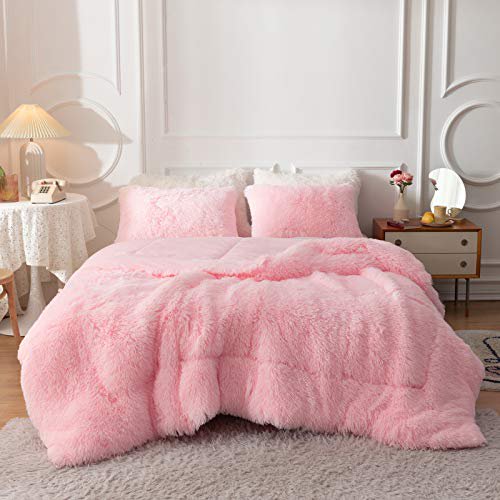 Smoofy Faux Fur Comforter Set Queen 3Pcs Shaggy Plush Velvet Comforter Soft Fluffy Fuzzy Double-Sided Bedding Luxury Furry Flannel, Pink Full 1 Comforter 2 Pillowcases