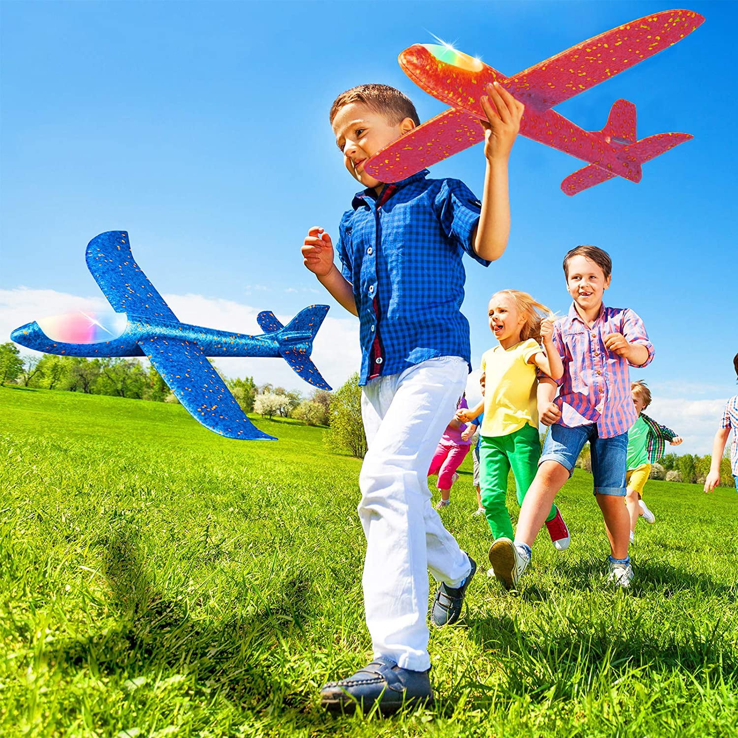 LNKOO 2 Pcs Flying Glider Planes, 18.9" Foam Flight Mode Throwing Air Plane with Flash LED Light Aerobatic Airplane Outdoor Sport Game Toys for Kids 3 4 5 6 7 Year Old Boy Birthday Christmas Gift