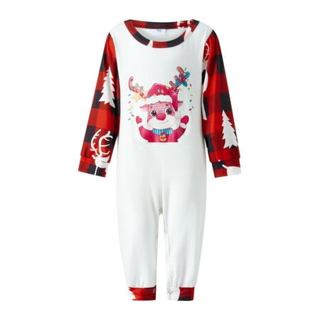 

Gureui Christmas Family Matching Pajamas Set Long Sleeve Cartoon Elk Printed Pattern Round Neck Tops + Plaid Long Pants Set/One Piece Jumpsuit for Sleepwear