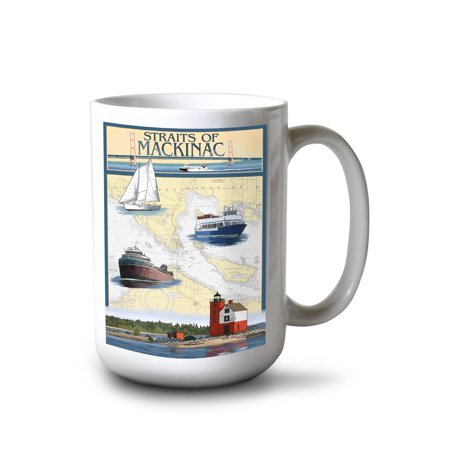 

15 fl oz Ceramic Mug Straits of Mackinac Michigan Nautical Chart Dishwasher & Microwave Safe