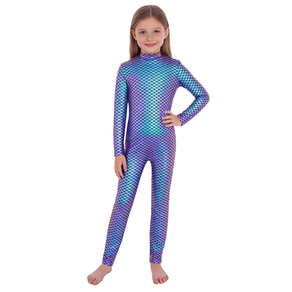 inlzdz Kids Girls Mock Neck Long Sleeve Metallic Shiny Unitard Gymnastics Dance Jumpsuit One Piece Catsuit Blue Purple 8
