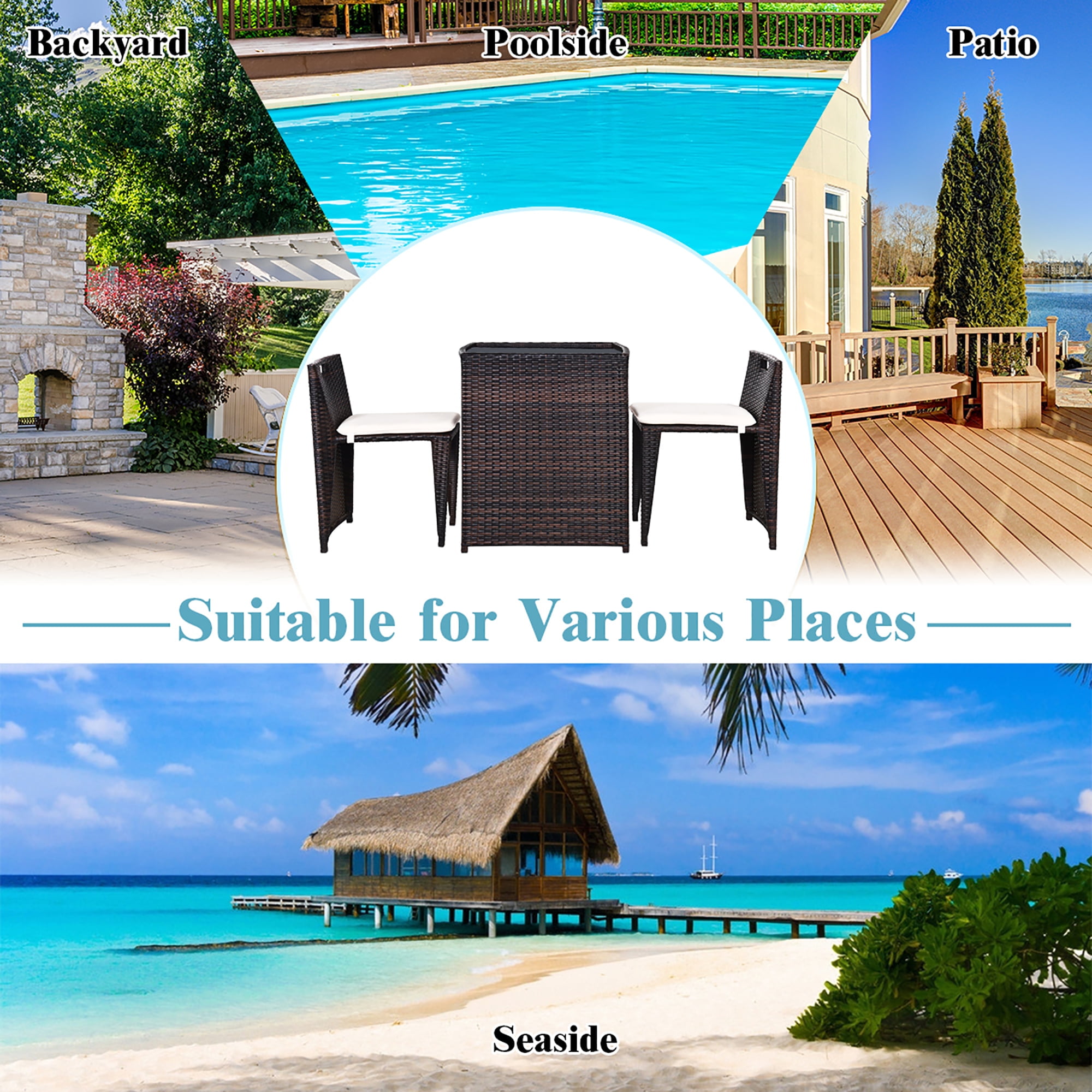 Costway 3PCS Outdoor Patio Rattan Furniture Set Space Saving Garden Deck W/Cushion No Assembly