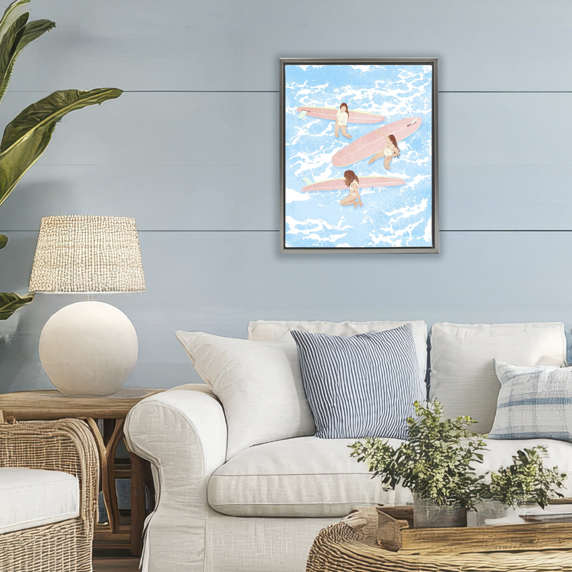 Surfing Girls Trio Gray Framed Floater Canvas Wall Art, design by Ziwei Li