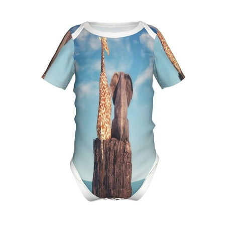 

Coaee Elephant And A Giraffe Sitting On A Rock Admiring The Ocean for Soft Baby Short-Sleeve Bodysuit Baby Climbing Clothes Baby Girls Boys Bodysuit Romper-18 Months