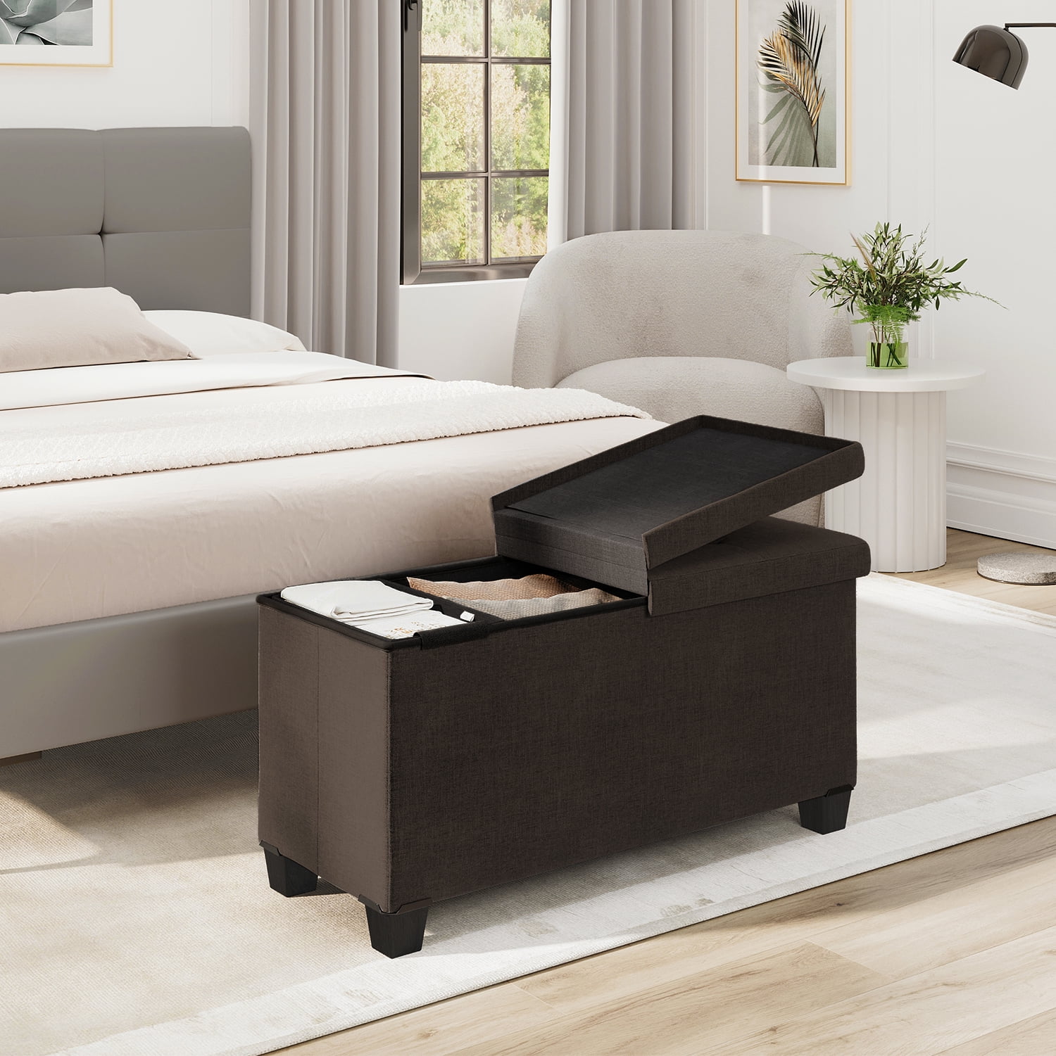 Storagebud Ottoman Storage Bench, Linen 30" Storage Ottoman Bench, Brown
