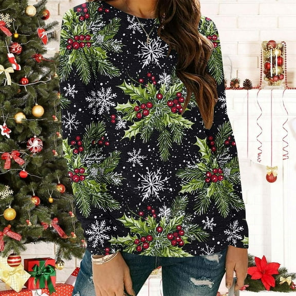 Craaazy Women's Long Sleeve Shirts Colorful Christmas Printed Round Neck Xmas Tops Gifts