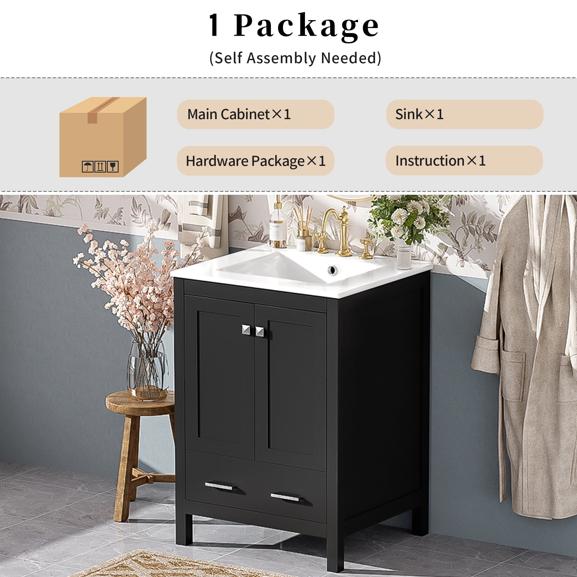 Euroco 24-inch bathroom vanity with integrated undermount basin and a storage cabinet featuring 2 doors and 1 drawer. Includes double-layer door shelf
