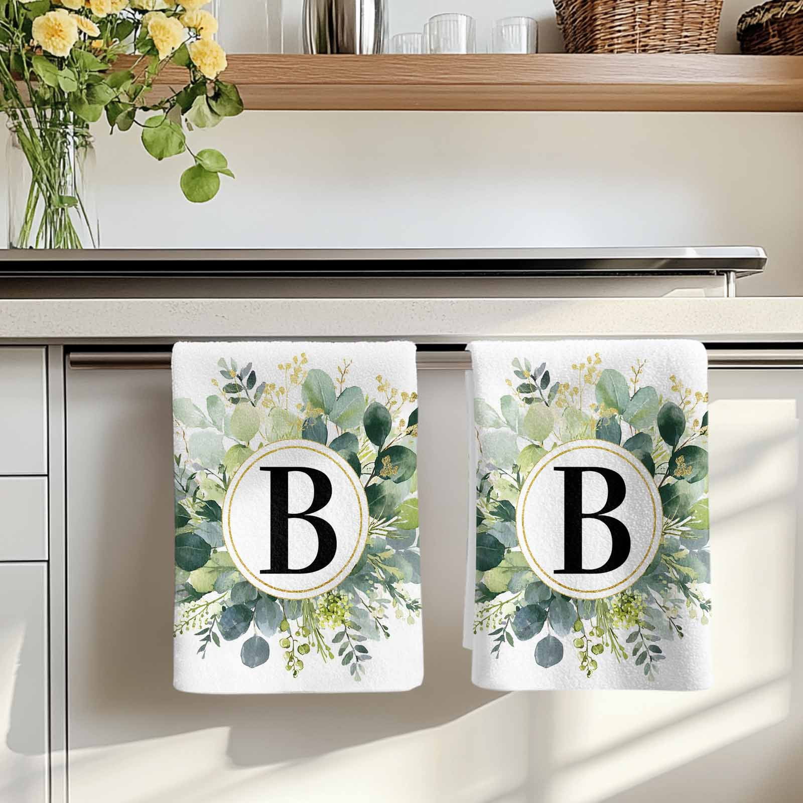 Dish Towels, Letter B Absorbent Kitchen Towels 2 PCS, Alphabet Green Eucalyptus Leaves Microfiber Hand Towels Dish Cloths Tea Towels for Home&nbsp;Bathroom Cleaning Drying,18X28-Inch,