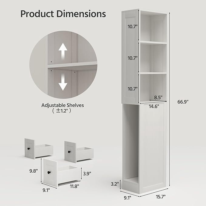 LAUSAINT HOME Tall Narrow Bathroom Storage Cabinet with Anti-Tip Kit, 3-Drawer Storage Organizer with 2 Adjustable Shelves for Laundry Room, Small Space (White)