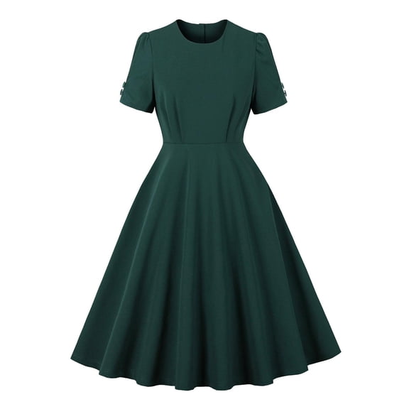 Taylonsss Womens Summer Dress Round Neck Short Sleeve Solid Pocket Full Skirt Vintage Style