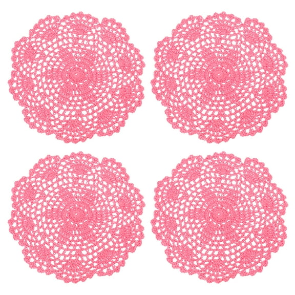 Lace Doilies, 4pcs 8" - Cotton Woven Round Crochet Coaster, Floral Design Fabric Handmade Placemat for Drink Wedding Party Decoration (Dark Pink)