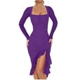 thumbnail image 2 of bbyeadc Dresses for Women Square Neck Long Sleeve Midi Dresses Mesh Ruched Ruffle Hem Night Out Party Sexy Cocktail Dress (Purple, M), 2 of 7