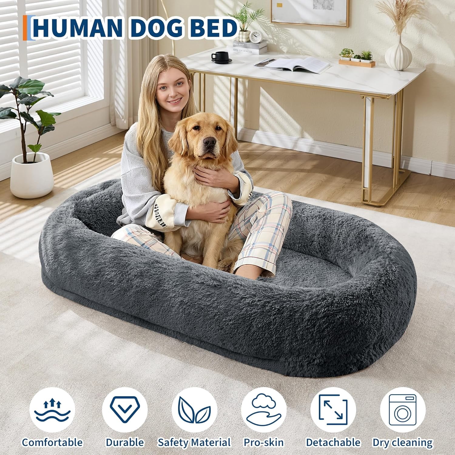 Acekid Human Dog Bed 67 Inch Adult Pets No Assembly Required Washable Fluffy Faux Fur Orthopedic Dog Bed Plump Pi