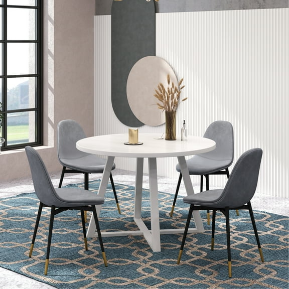 5 Gray Dining - Round Table With And Soft Chairs Stylish 4 Seating