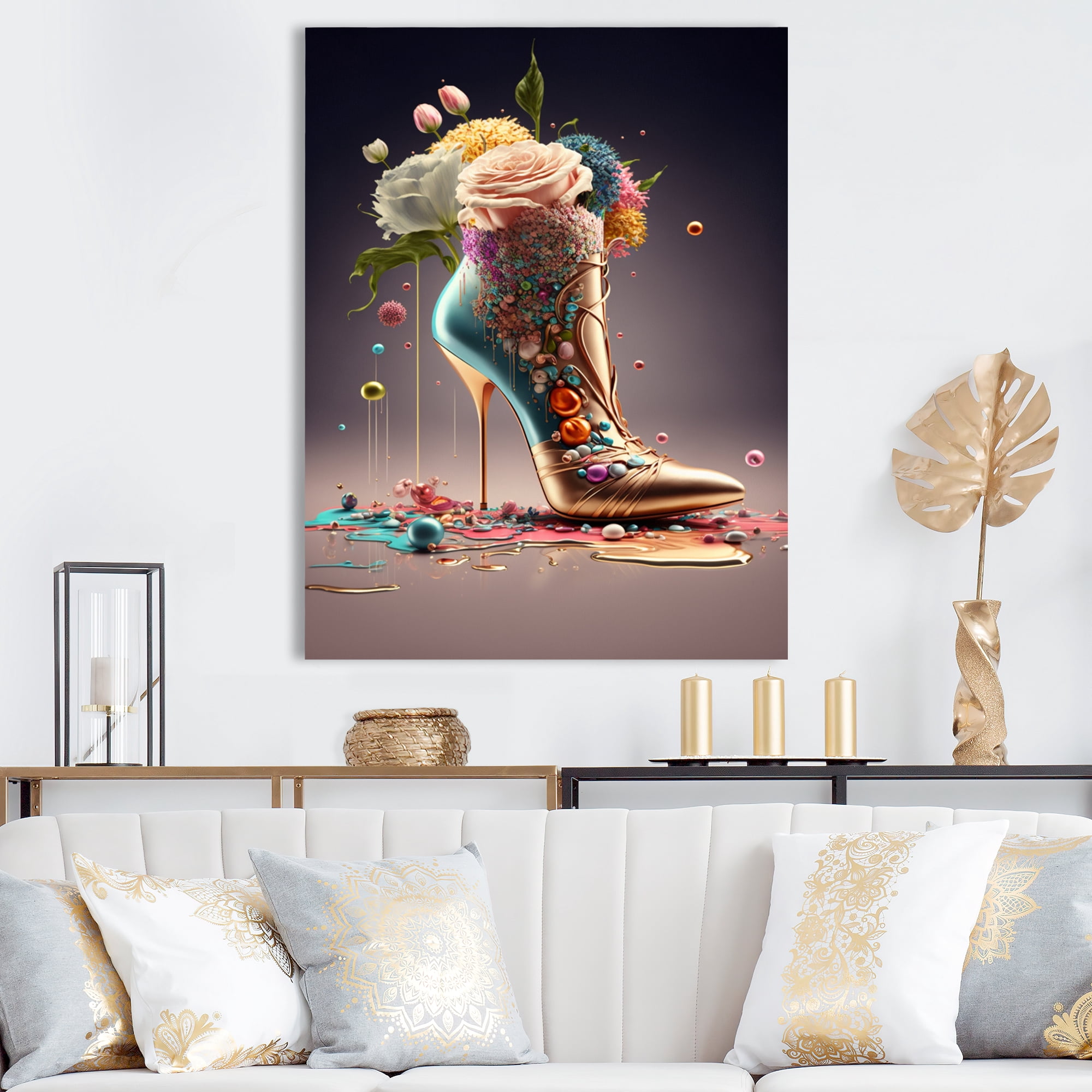 Designart Gold Floral High Heel Shoes II Canvas Wall Art