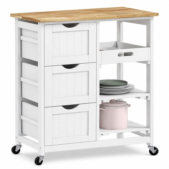 White Kitchen Island Cart on Wheels with Wood Top, Shelves and Drawers - Mobile Bar Serving Cart, Compact Trolley for Home Dining Area