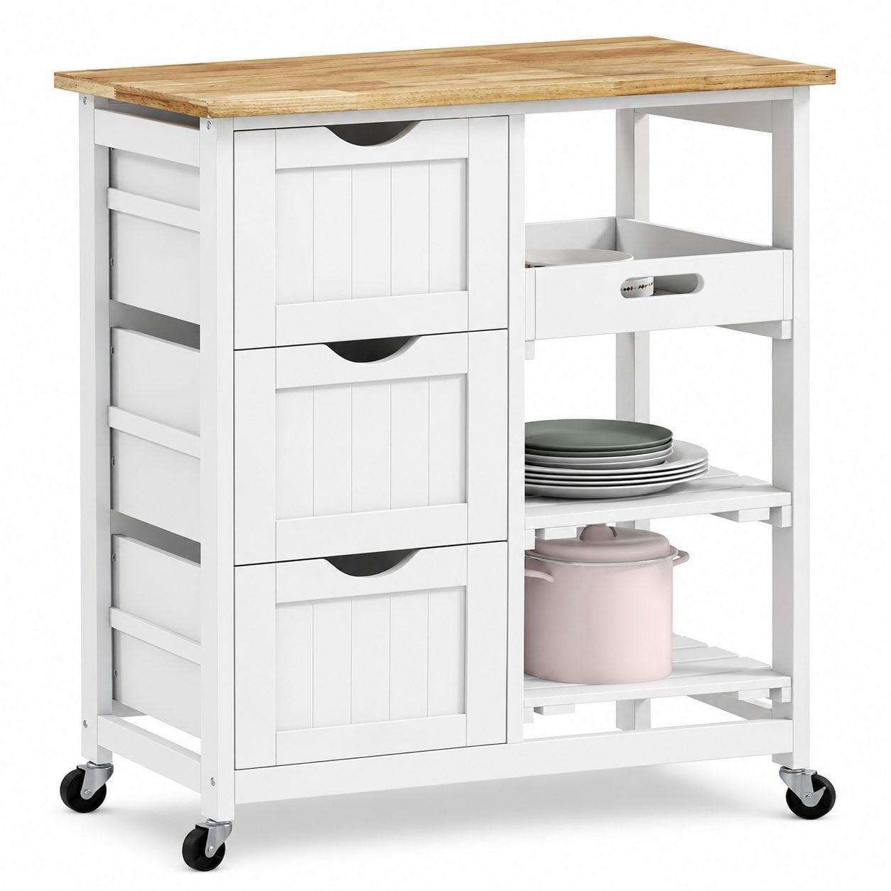 White Kitchen Island Cart on Wheels with Wood Top Shelves and Drawers - Mobile Bar Serving Cart Compact Trolley for Home Dining Area