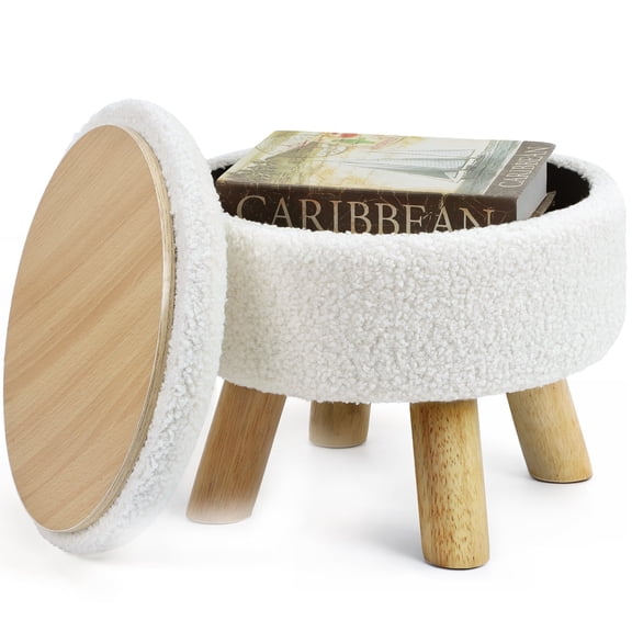 White Ottoman with Storage Small Round Ottoman Foot Rest Footstool with Wood Legs for Living Room, Bedroom&Entryway